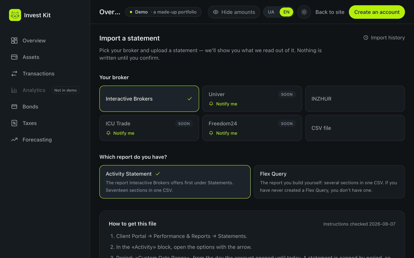 InvestKit statement import: broker choice including Interactive Brokers, INZHUR and CSV, and a choice between Activity Statement and Flex Query reports.