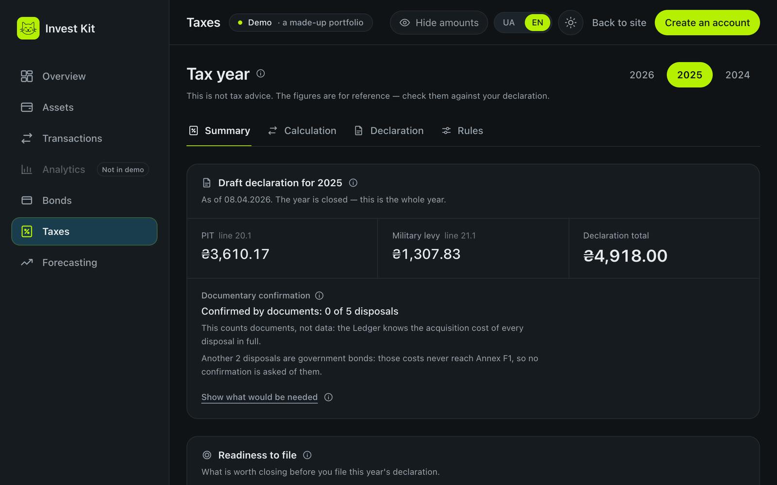 InvestKit tax summary for 2025: personal income tax, military levy and a declaration total of ₴4,918.00, with documentary confirmation status.